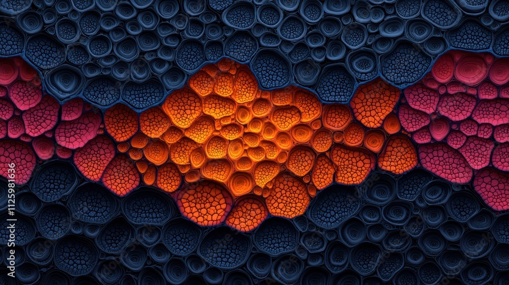 Aufkleber a vibrant abstract pattern featuring textured spheres in shades of orange, red, and blue, creating a