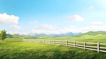 Fototapeta premium Tranquil rural landscape with rolling green fields and white fence under a clear blue sky serene environment peaceful atmosphere