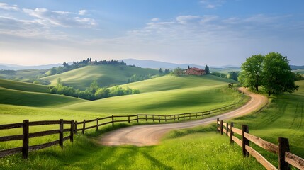 Obraz premium Serene rural landscape with lush green fields tranquil path scenic viewpoint nature's beauty in pastel hues