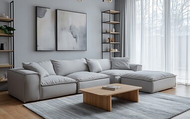 Modern living room with gray sectional sofa, wooden coffee table, and large windows.