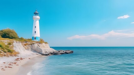Scenic coastal view of a pastel blue and white lighthouse on a serene beach captured in vibrant daylight