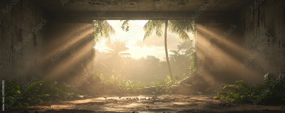 Poster a serene, abandoned space illuminated by sunlight, with lush greenery filtering through an opening, 