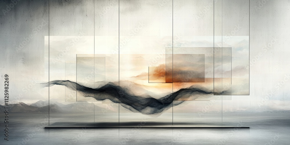 Poster an abstract landscape featuring blurred lines and soft colors, evoking a serene atmosphere with a hi