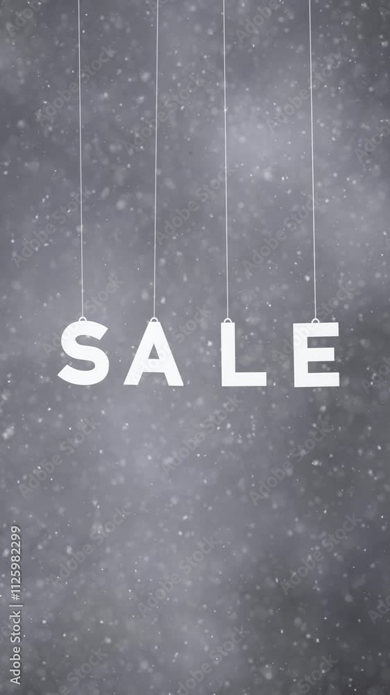 Poster silver white loop vertical background with swinging sale word and snowfall animation.
