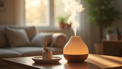 diffuser gently emitting steam, placed on a wooden table 