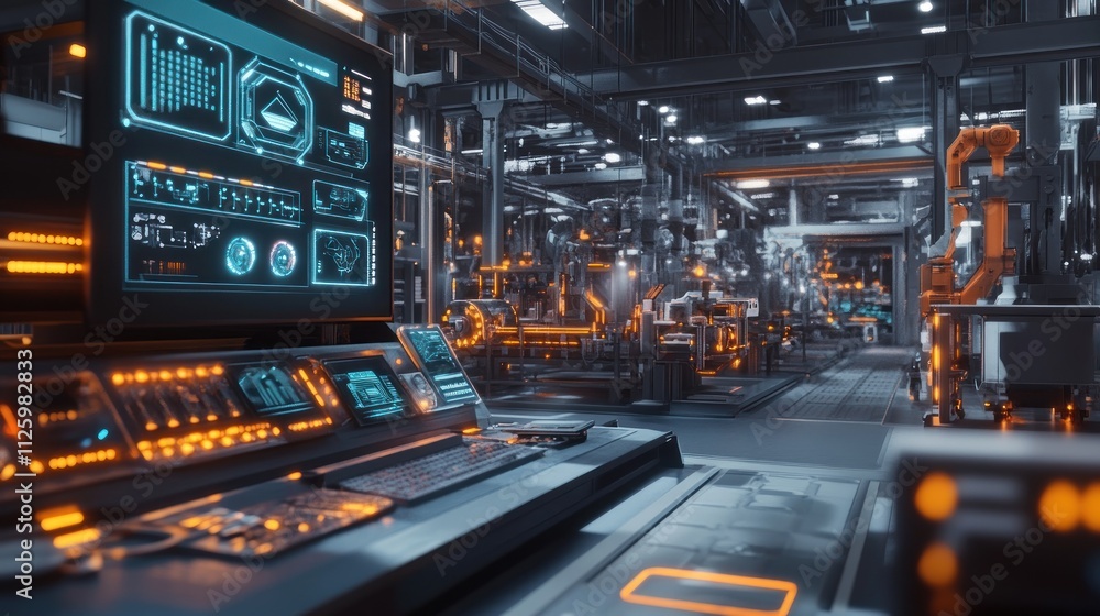 Poster futuristic factory control room monitoring automated production line