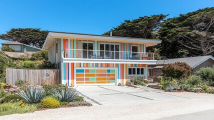Fototapeta premium Playful Multicolored Stripes on Modern Home Exterior