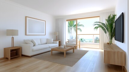 Inviting cozy minimalist living room design coastal setting interior decor bright atmosphere wide view tranquil concept for home inspiration
