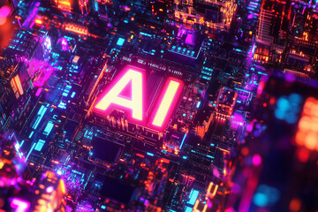 AI over a microchip background, vibrant glowing colors