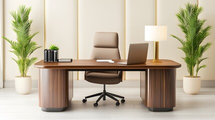 Fototapeta premium Modern office setup featuring a large wooden desk and cream wall bright indoor environment business concept contemporary viewpoint