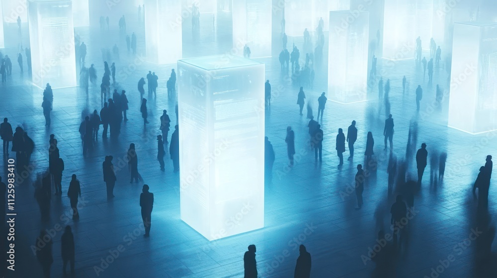 Poster silhouetted figures surround a glowing data cube in a futuristic space