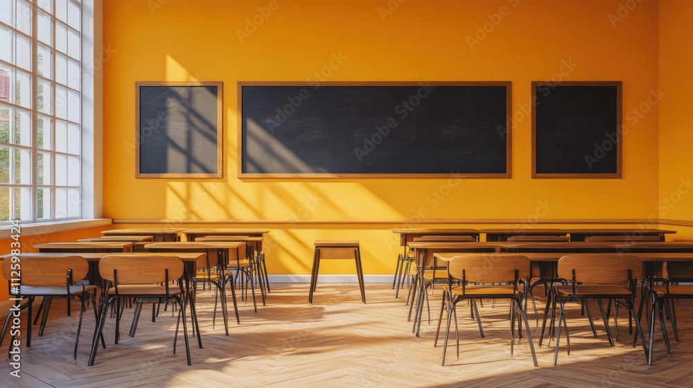 Poster sunlit classroom with empty desks and blackboards