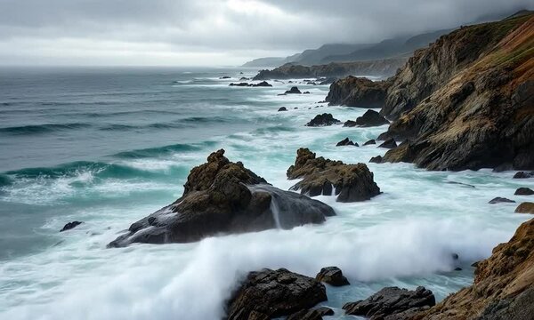 Dramatic Ocean Waves Crashing Against Rocky Cliffs