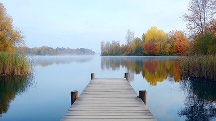 Tranquil lakeside retreat serene dock on calm water nature scene autumn reflections wide angle view peaceful concept for relaxation