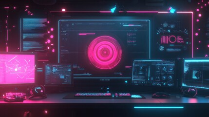 Fototapeta premium Neon Lit Cybernetic Workstation Displays Data Streams
