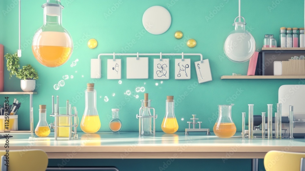 Poster a modern childrens science lab setup with flasks