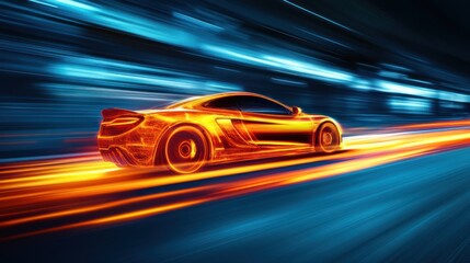 Fast Sports Car Blurs Through Night City Streets