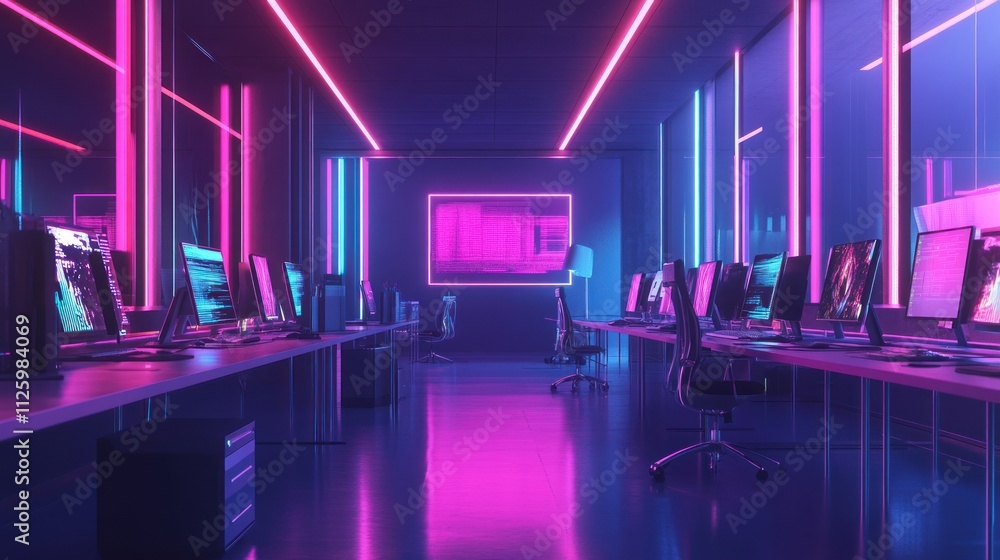 Aufkleber neon lit cybersecurity office workspace with computers
