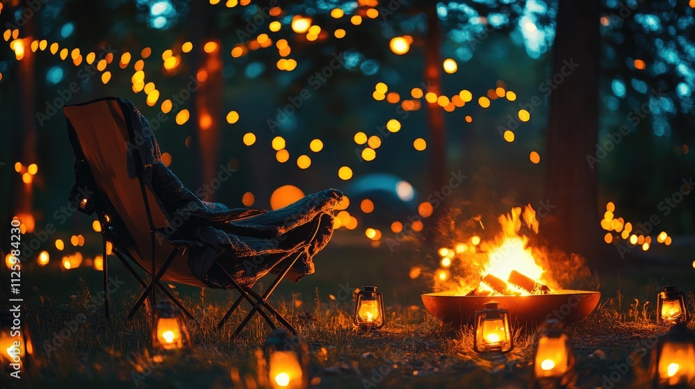 Poster cozy campfire scene at dusk with lanterns and a relaxing chair surrounded by glowing bokeh lights in
