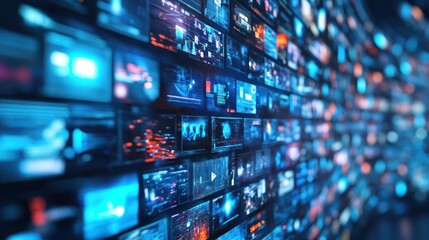 Fototapeta premium A wall of glowing digital screens displays data streams