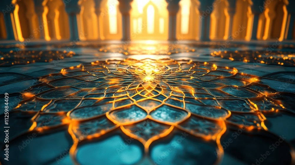 Poster intricate geometric pattern on a reflective surface in a serene setting.