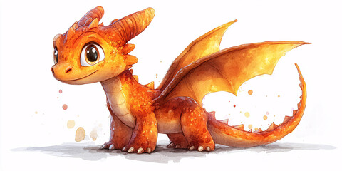 A charming watercolor painting of a cute orange baby dragon.