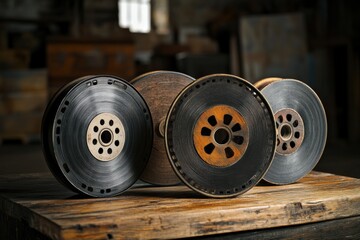 vintage film reels on a wooden table