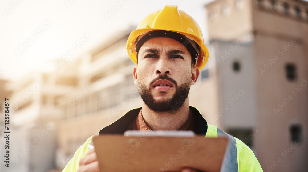 Poster clipboard, engineer and inspection with man in city for architecture, building or thinking. construc