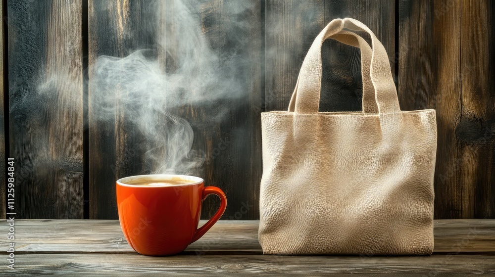 Aufkleber warm cup of coffee with steam by a cozy handbag placed on rustic wooden background creating a stylis