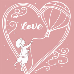 child holding balloon in heart shape, symbolizing love and joy. whimsical design features playful swirls and word Love prominently displayed