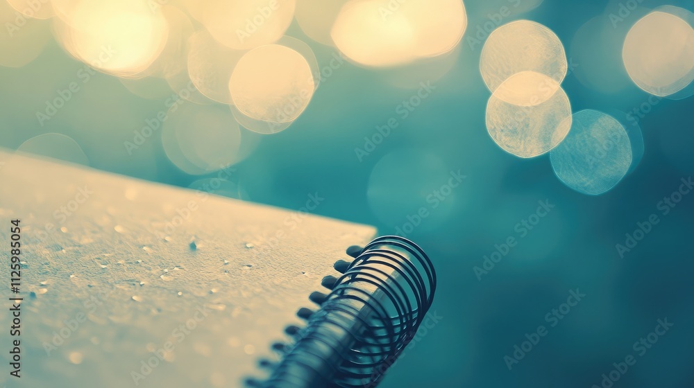 Poster close-up of a spiral notebook with water droplets on a light blue background, soft bokeh effect for 