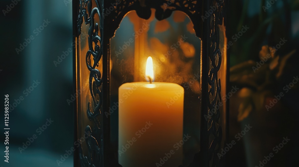 Poster soft glow of a single candle illuminating a vintage lantern with intricate design, creating a warm a