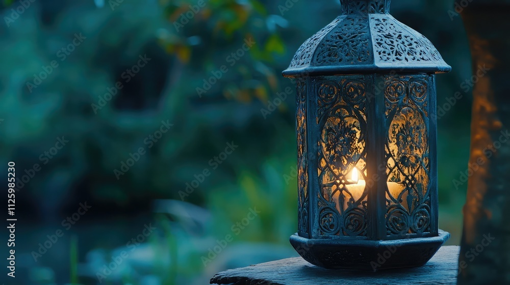 Poster elegant lantern illuminated in a calm natural setting, capturing the essence of tranquility and warm