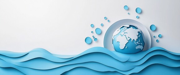 World Water Day Papercut Style Globe with Flowing Wave Pattern and Aqua Gradients