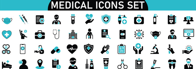 Medical Icon Set. Includes icons for doctor, hospital, medicine, and healthcare services. Perfect for clinics, pharmacies, and medical illustrations.