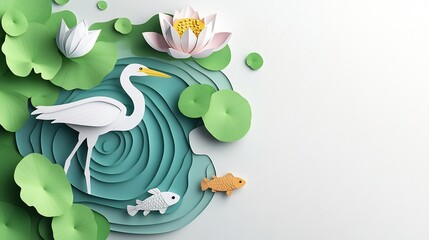 Vibrant Paper Sculpture Depicting a Wetland Landscape with Lotus Flowers and Aquatic Plants