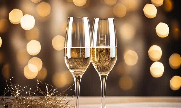 Deux fl&ucirc;tes de champagne avec scintillement dor&eacute;, ambiance festive et lumineuse pour c&eacute;l&eacute;brations de No&euml;l, Nouvel An, anniversaire, mariage