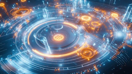 Obraz premium Futuristic Cityscape With Glowing Circular Pathways And Figures