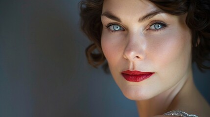 Fototapeta premium Confident and Elegant Woman with Red Lips and Curly Hair Posing in Studio Striking and Sophisticated Portrait of a Mature Female Model in a Fashion Editorial Style