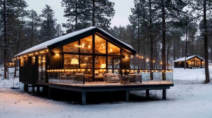 Obraz premium Cozy Winter Log Cabin Retreat in Snowy Forest