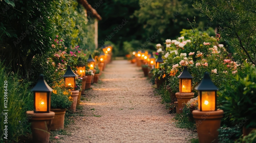 Poster serene garden pathway illuminated by charming lanterns surrounded by colorful blooming flowers creat