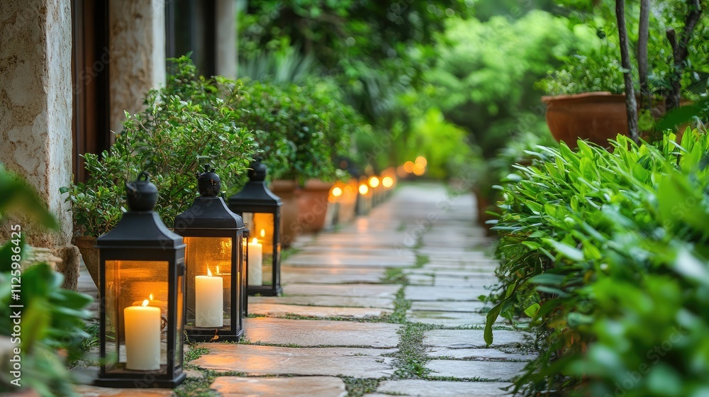 Poster serene outdoor pathway illuminated by lanterns and surrounded by lush greenery in a tranquil garden 