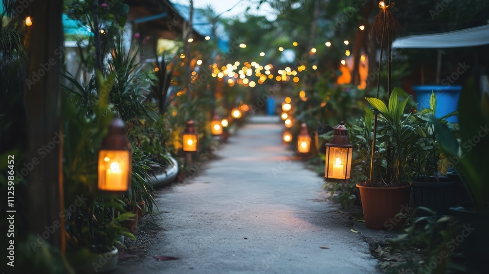 Poster enchanted garden pathway illuminated by warm lanterns surrounded by lush foliage and twinkling strin