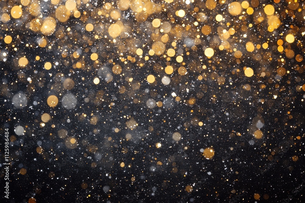 Poster golden bokeh lights on black background; shimmering particles add depth. perfect for festive designs