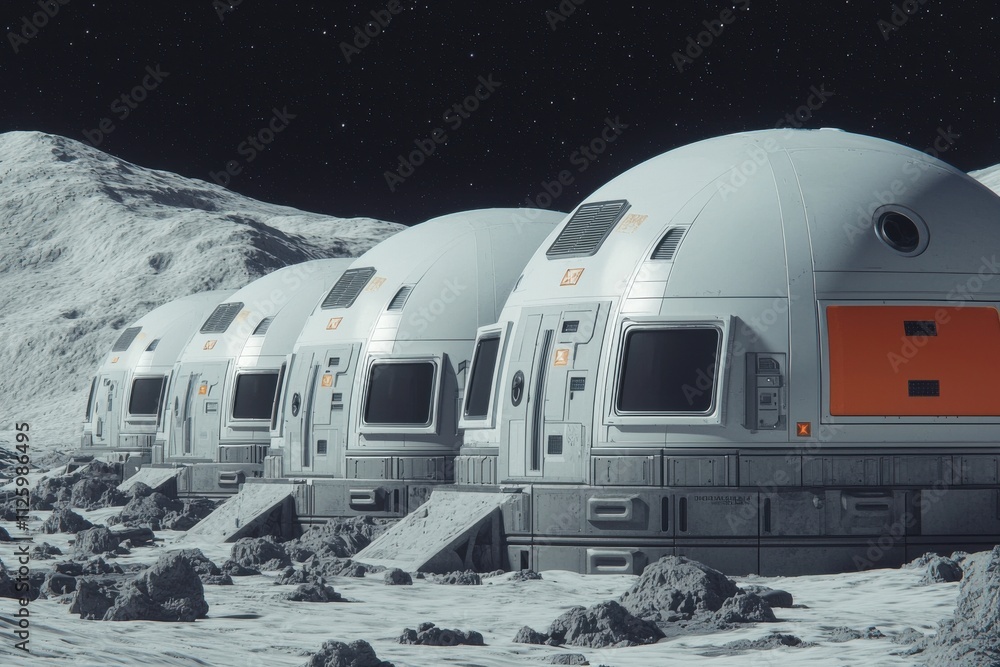 Poster asteroid mining concept. futuristic lunar habitat structures on a moon landscape under a starry sky.