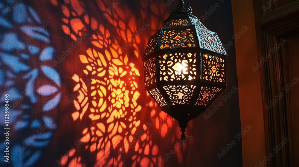 Aufkleber ornate lantern casting vibrant shadows on a textured wall, creating a warm and inviting atmosphere i