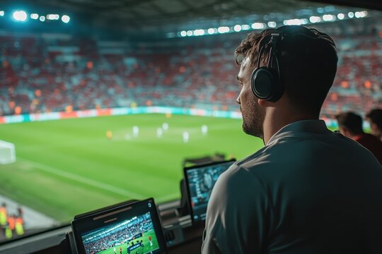 Sports commentator in stadium, wearing headphones, monitoring game. Ideal for broadcasting, sports news, and live event themes.