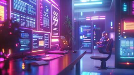 Futuristic Cybernetic Workstation With Neon Lighting And Data Displays