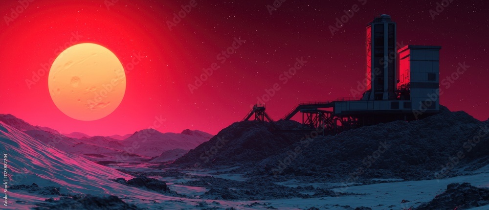 Poster asteroid mining concept. surreal landscape with a red sun and futuristic structure on a distant plan