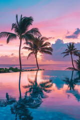 Obraz premium serene sunset over tranquil pool with palm trees